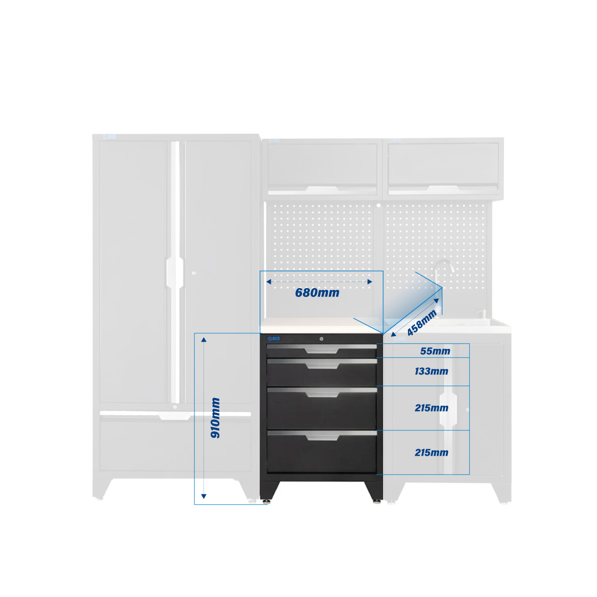 SGS 7pc Modular Garage Storage | 4 Drawers | Plywood Worktop | Sink Unit | 2x Upper Cabinets | Tall Double Cabinet with Drawer